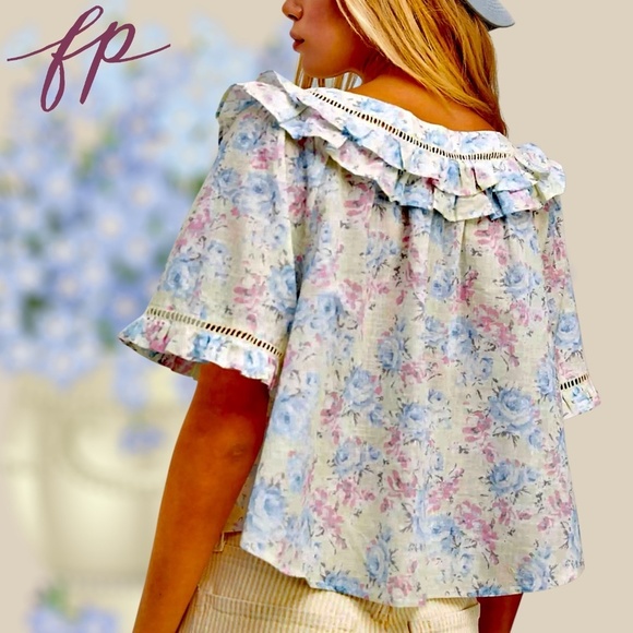 NWT FREE PEOPLE Unreal Love Floral Print Ruffle Collar Short Sleeve Cotton Top - Picture 4 of 10